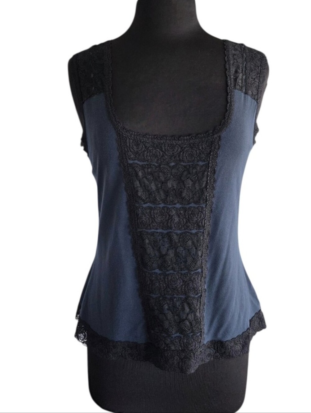 Vintage Y2K Tapemeasure Navy and Black Lace-Trim Tank Top Boho Babe Large
